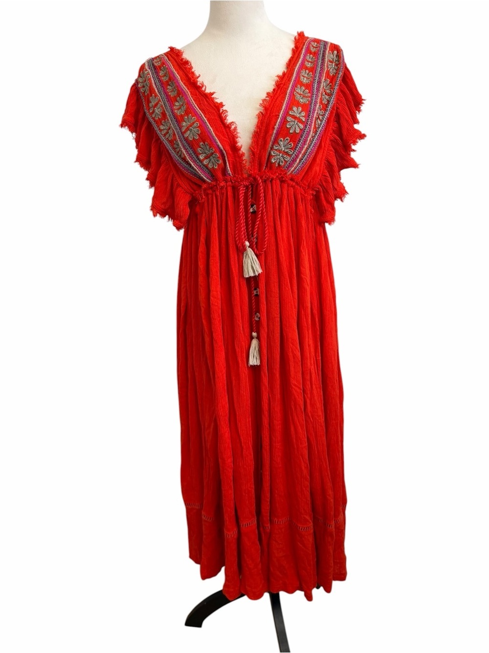 Free People Will Wait for You Red Embroidered Tassel Maxi Dress